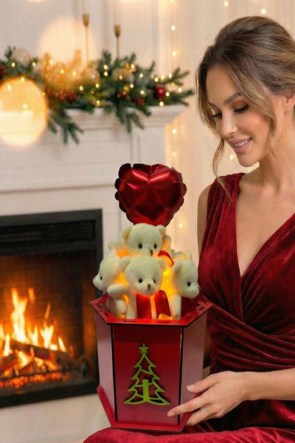 Yeniyıl ÖZEL Seri: Özel Ahşap Kutusunda LED Işıklı, Kalp Balon ve 9 Ayıcıklı Konsept Tasarım Ayıcık Buketi