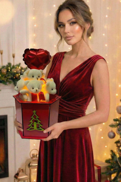 Yeniyıl ÖZEL Seri: Özel Ahşap Kutusunda LED Işıklı, Kalp Balon ve 9 Ayıcıklı Konsept Tasarım Ayıcık Buketi