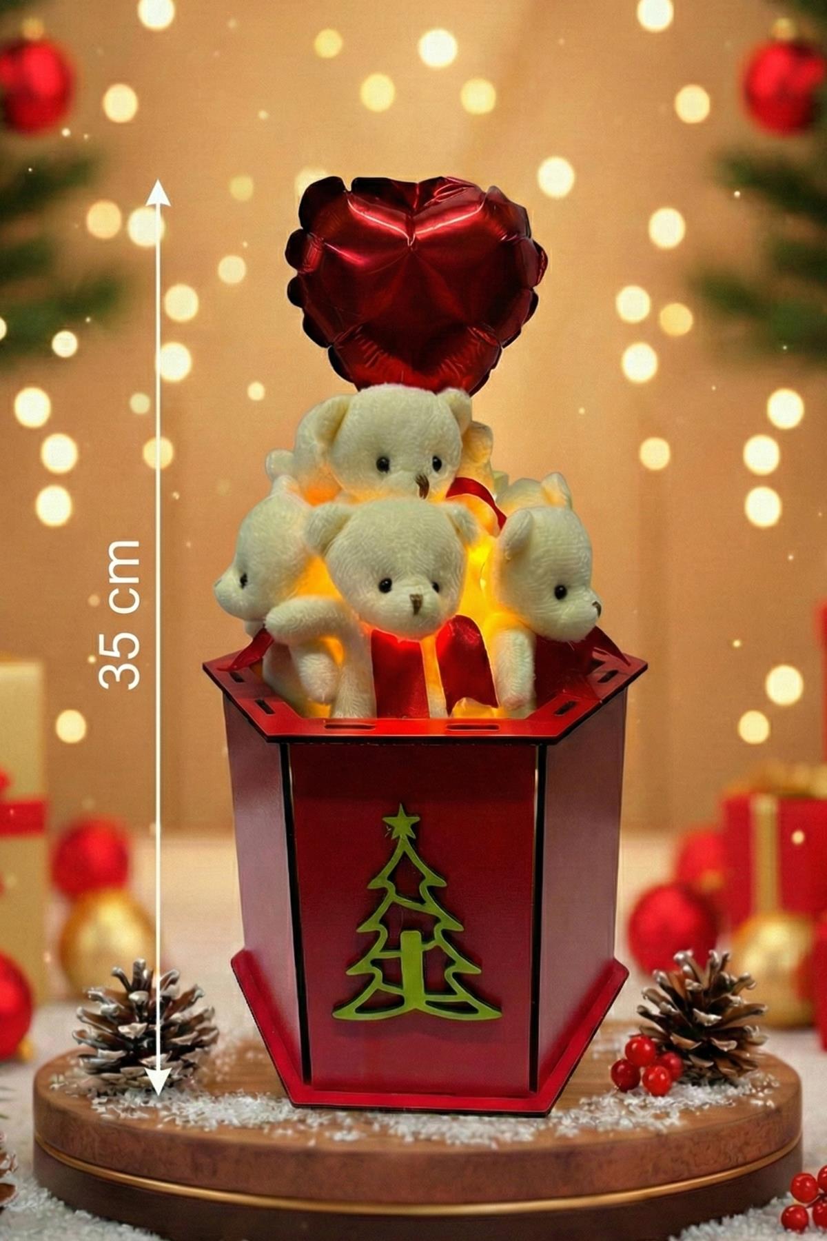 Yeniyıl ÖZEL Seri: Özel Ahşap Kutusunda LED Işıklı, Kalp Balon ve 9 Ayıcıklı Konsept Tasarım Ayıcık Buketi