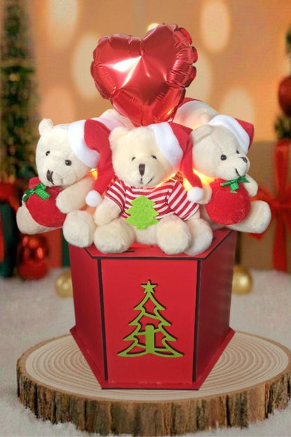 Yılbaşı ÖZEL Seri: Özel Ahşap Kutusunda LED Işıklı, Kalp Balonlu, Noel Şapkalı Ve Çuvallı 6 Ayıcıklı Konsept Tasarım Ayıcık Buketi