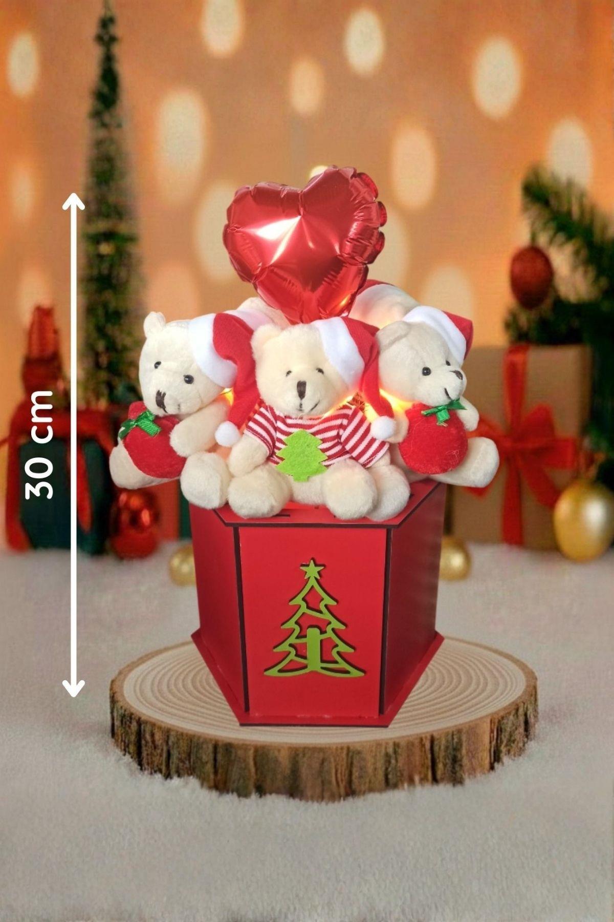 Yılbaşı ÖZEL Seri: Özel Ahşap Kutusunda LED Işıklı, Kalp Balonlu, Noel Şapkalı Ve Çuvallı 6 Ayıcıklı Konsept Tasarım Ayıcık Buketi