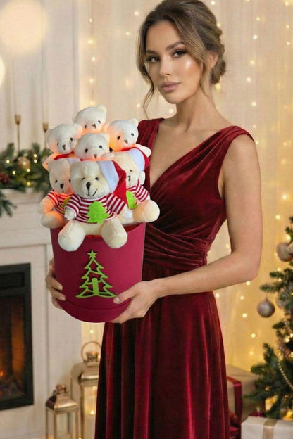 Yılbaşı ÖZEL Seri: Premium Silindir Kutuda Yılbaşı Temalı LED Işıklı, Noel Kıyafetli - Şapkalı Ayıcık Buketi